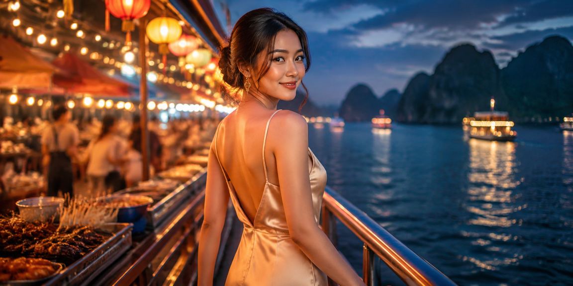 Người dùng duyệt web trên điện thoại tại chợ đêm Hạ Long