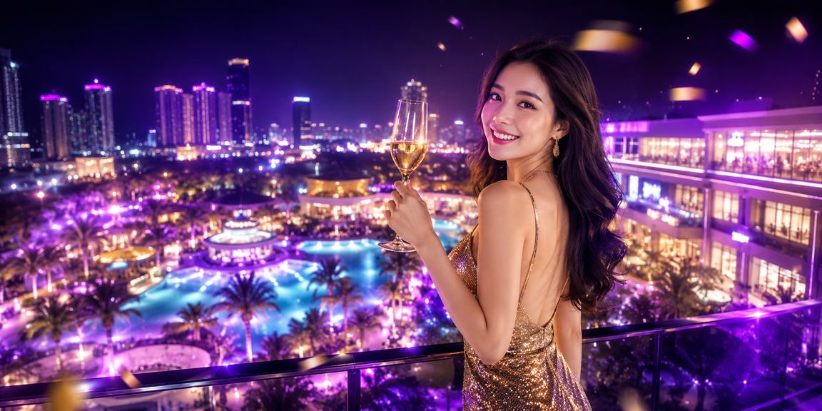Khu vui chơi giải trí casino với ánh đèn neon sáng rực tại Mũi Né về đêm, không khí sôi động