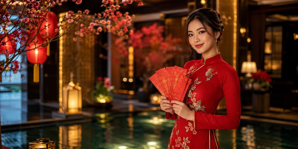 Người dùng nhận phong bì thưởng khi chơi game tại Mũi Né với trang phục áo dài truyền thống